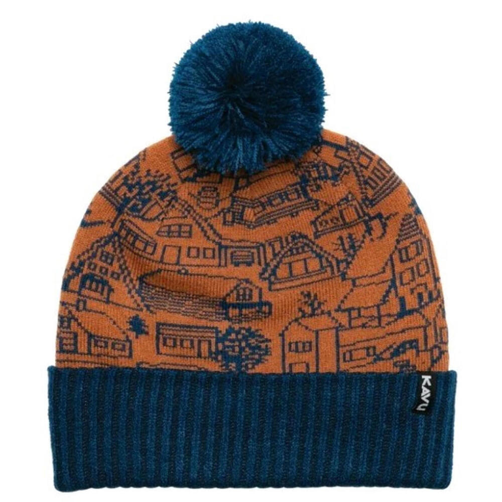 KAVU Herschel Beanie Hat "It Takes A Village" Brown Blue Range Pom Pom